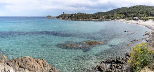 "Fautea" Beach with the Genoese tower of fautea, Corsica