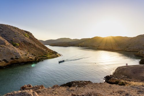 Sunrise in the beautiful Fjord-like of Bandar Khairan, Sultanate of Oman, Middle East, Arabian Peninsula