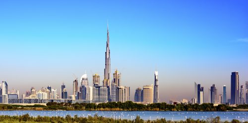 Dubai Skyline with Ras al Khor (famous for his Bird Sanctuary - many flamingos can be observed there), United Arab Emirates, Middle east, Arabian Peninsula