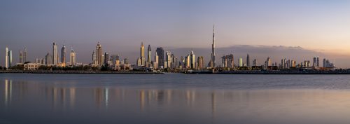 Panoramic view of Dubai Skyline at sunset, United Arab Emirates (UAE), Middle East