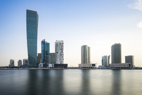 Buldings at Business Bay and the O14 Executive Tower, winner of the silver Emporis Skyscraper Award 2009. Called also "cheese grater" or "Swiss cheese buidling", his concrete shell provides an efficient structure that help to reduce energy.