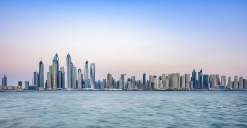 Buildings of Dubai Marina from the Palm Jumeirah Dubai, United Arab Emirates, Middle east, Arabian Peninsula